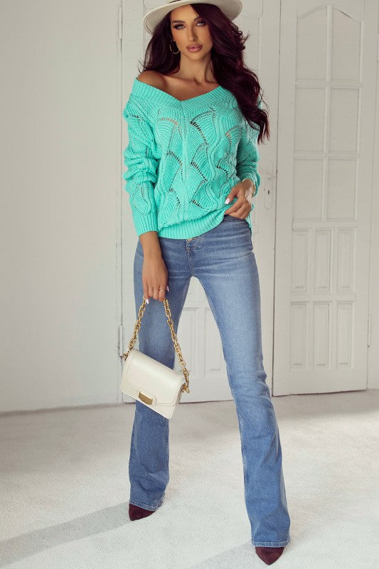 Hollow-Out Knit V-Neck Drop Shoulder Sweater