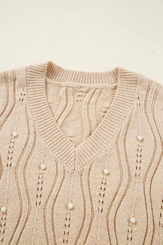 Pearl Beaded Pointelle Knit V-Neck Lace Trim Sweat