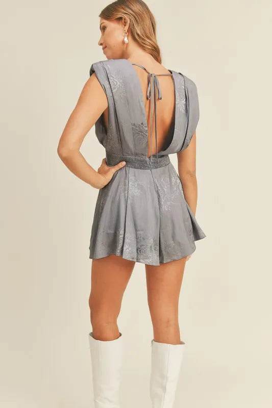 MABLE Draped Romper with Pleated Shoulder Pad Detail