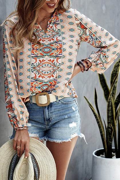 V Neck Graphic Pattern Notched Neck Blouse
