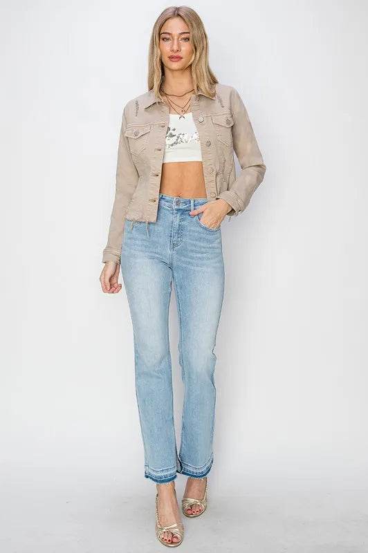RISEN Full Size Raw Hem Button Up Cropped Denim Jacket Plus Size