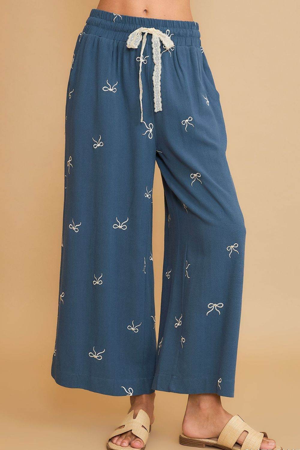 Umgee Full Size Lace Drawstring Embroidered Bow Wide Leg Pants Plus Size