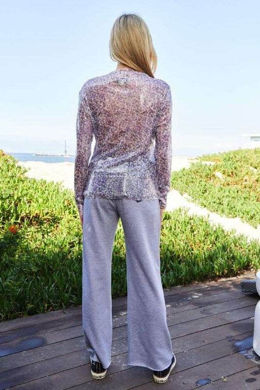 Davi & Dani Sequin Mock Neck Long Sleeve Mesh Top
