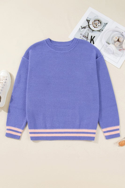 Plus Size Stripe Trim Drop Shoulder Sweater