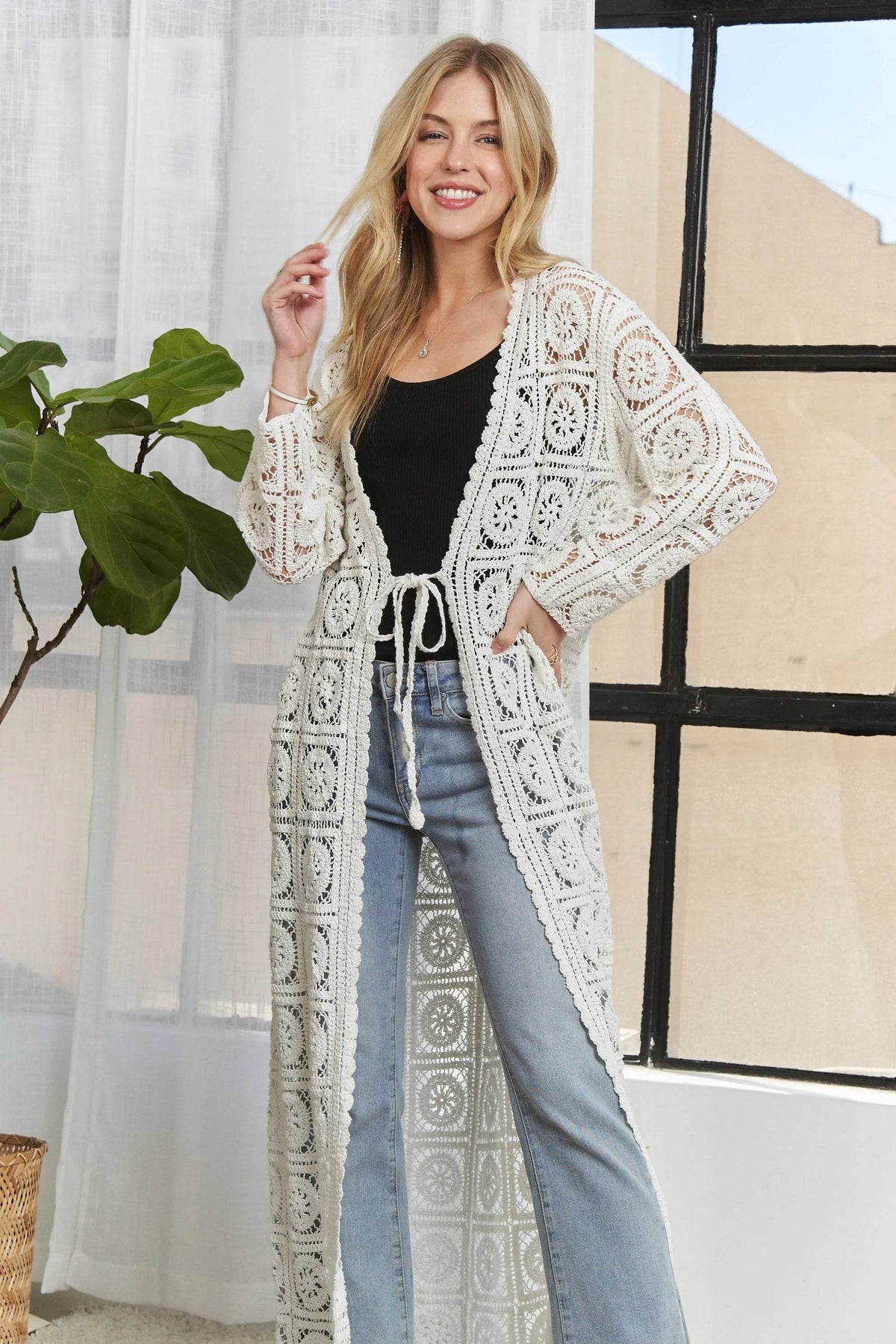 ADORA Long Sleeves Crochet Elastic Cardigan