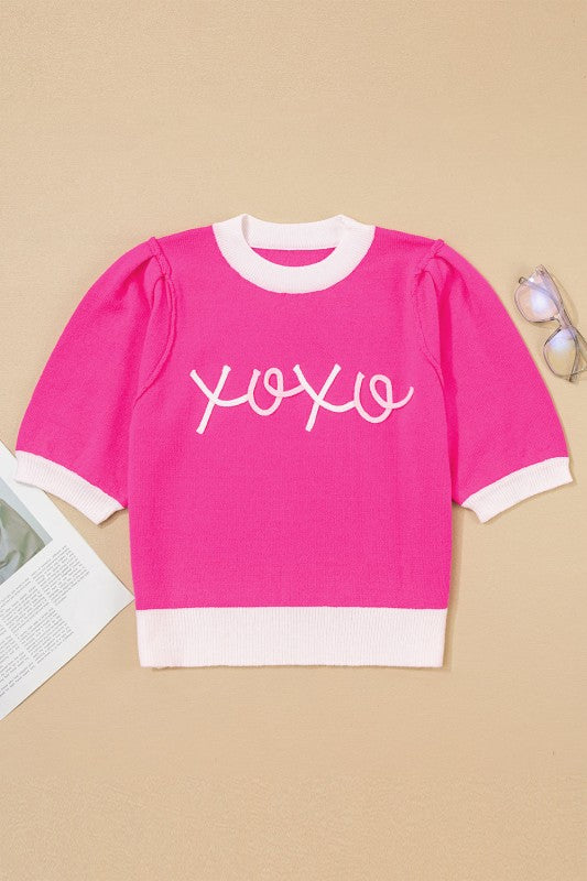 Valentines XOXO Embroidered Puff Sleeve Sweater Te