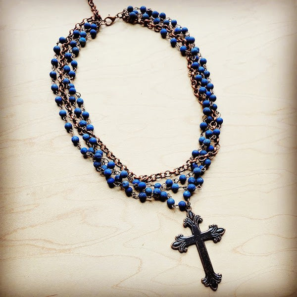 Blue Lapis Collar-Length with Copper Cross 255v