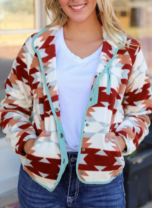Aztec Buttoned Zipper Pockets Fleece Jacket