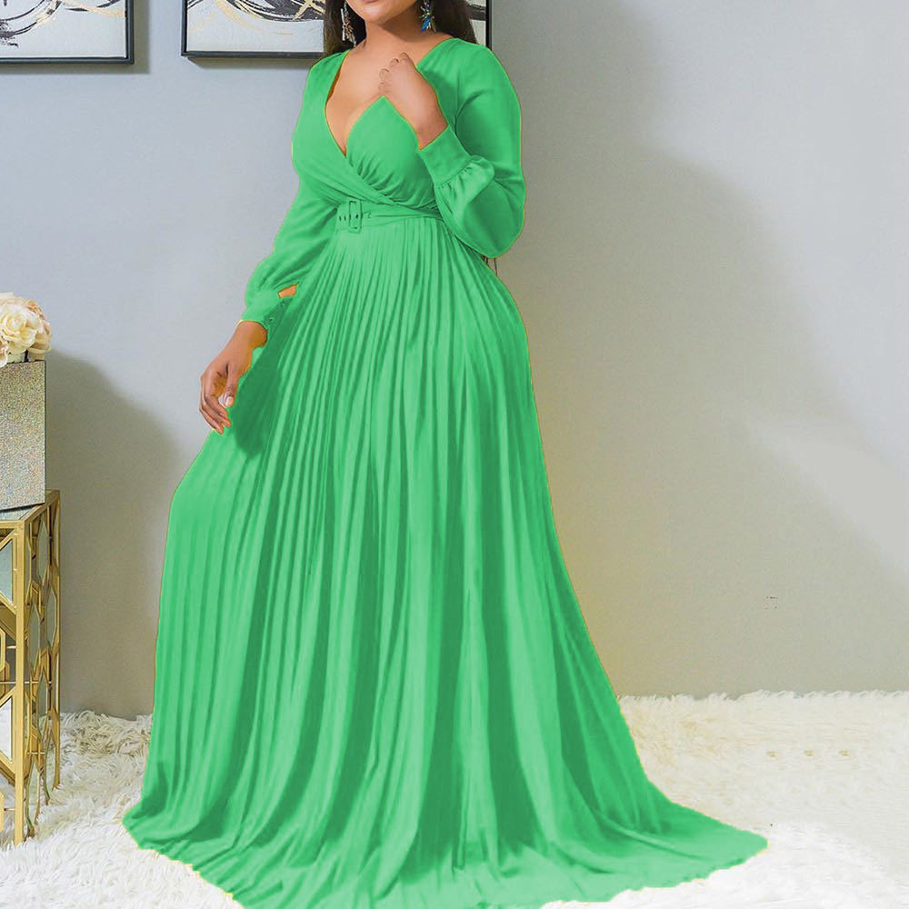 Women Deep V Plunge Cross Gathers Front Chest Lower Solid Color Pleated Puffy Dress No Belt