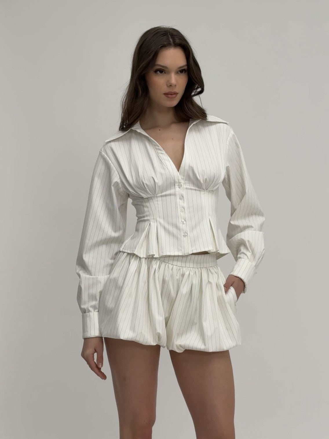 Sylvia White Pinstripe Deep V Pleated Shirt