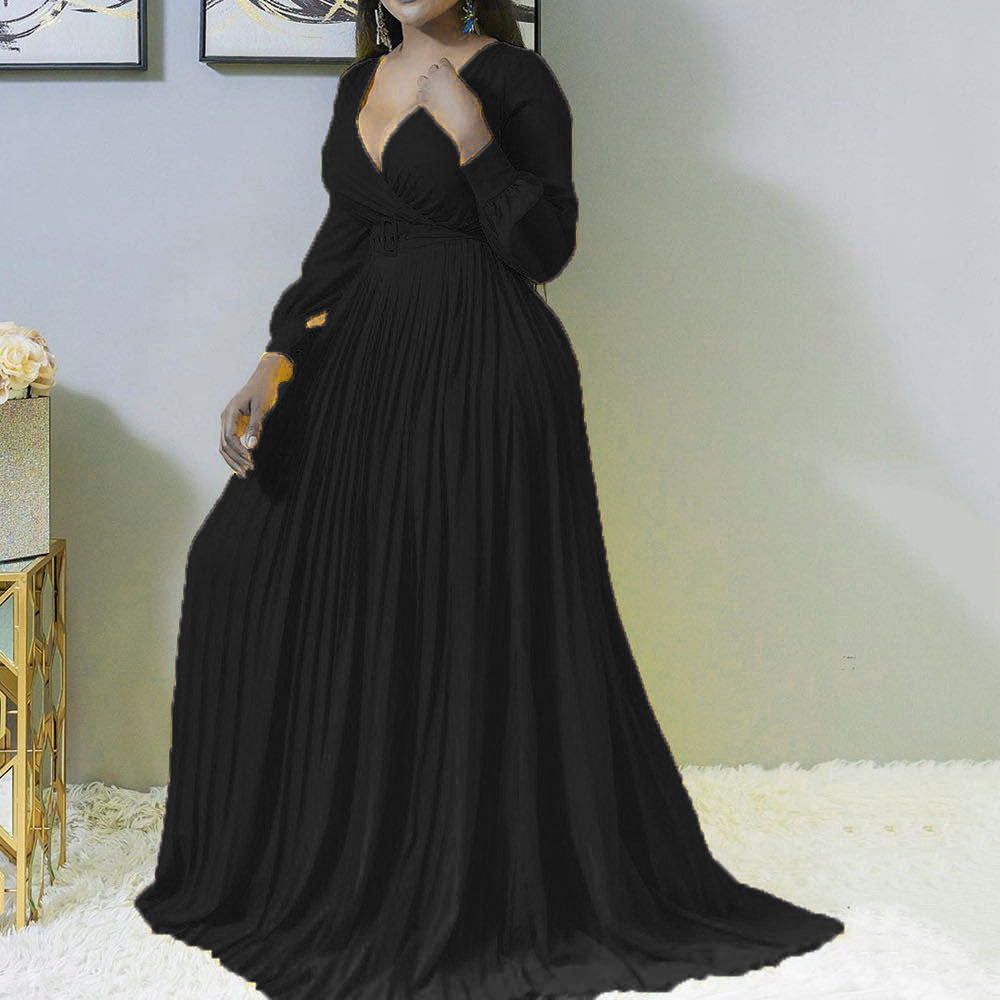 Women Deep V Plunge Cross Gathers Front Chest Lower Solid Color Pleated Puffy Dress No Belt