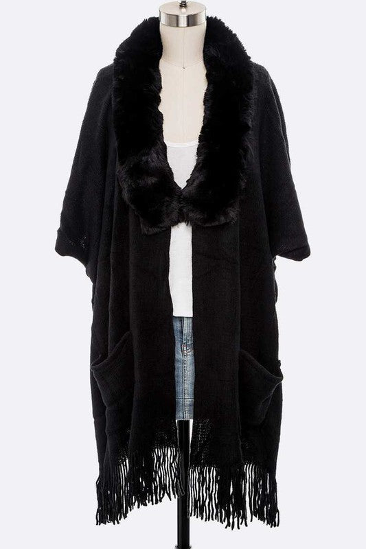 Faux Fur Lapel Long Cardigan