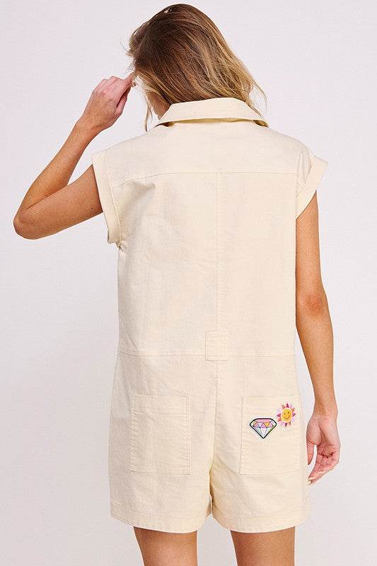 COTTON TWILL UTILITY ROMPER W/ PATCHWORK DETAIL