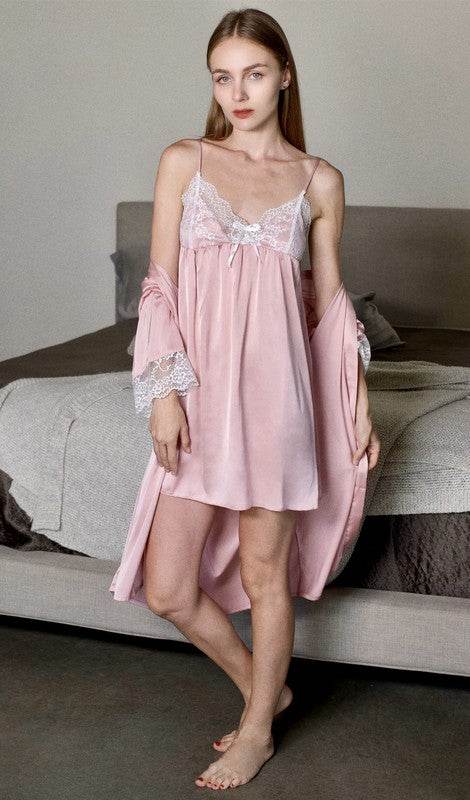 4 pieces Pink with lace High-End Silk pajama sets