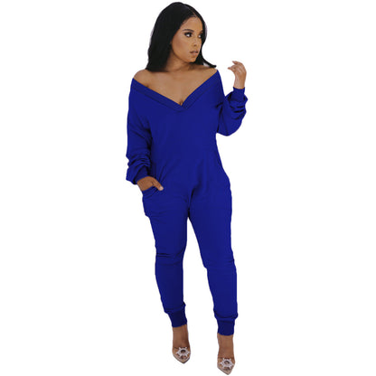 Women Clothing V neck Jumpsuit Sexy Sweatshirt Jumpsuit Long Sleeve Autumn Winter Pajamas