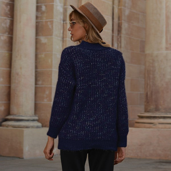 Navy Blue Frenchy Shine Mock Neck Sweater