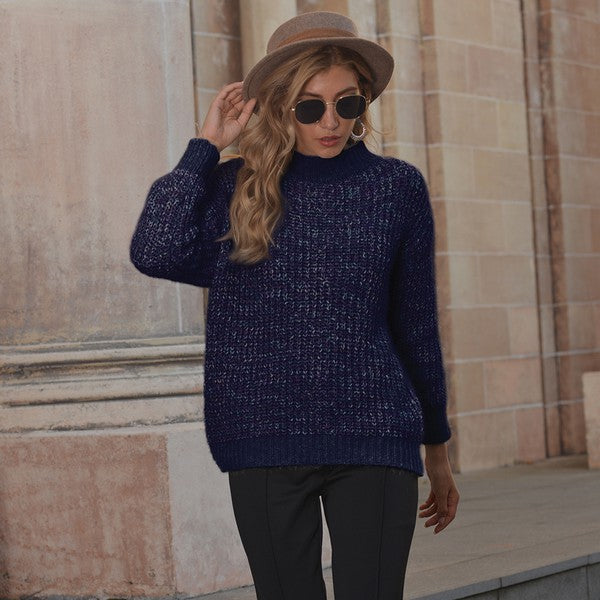 Navy Blue Frenchy Shine Mock Neck Sweater