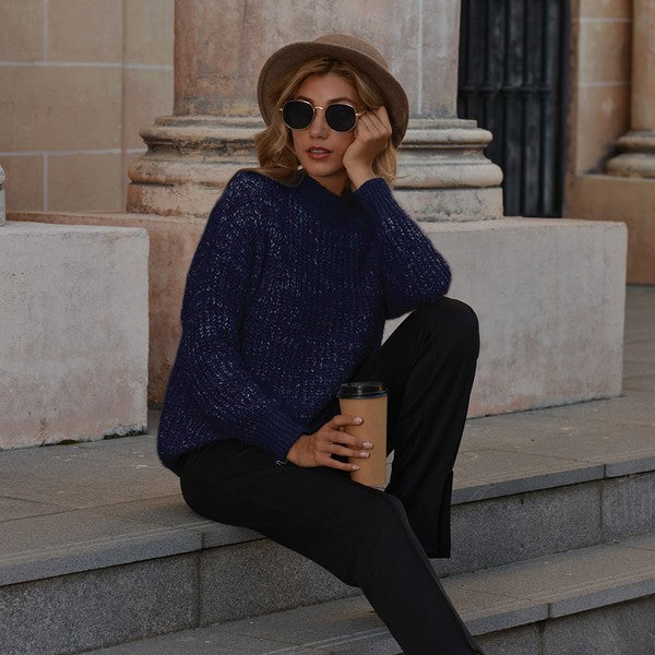 Navy Blue Frenchy Shine Mock Neck Sweater