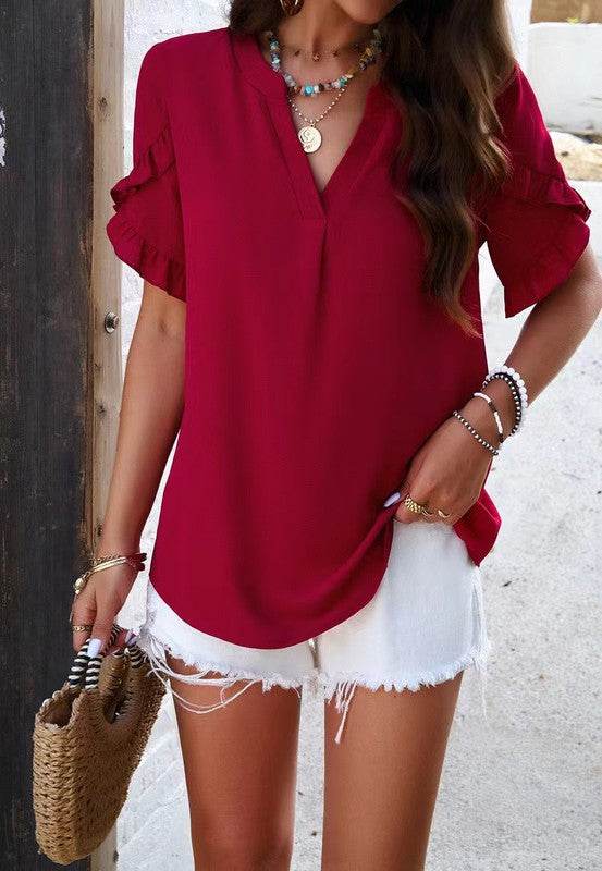 V neck ruffle blouse