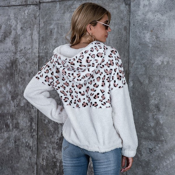 leopard teddy hooded with kangaroo pocket