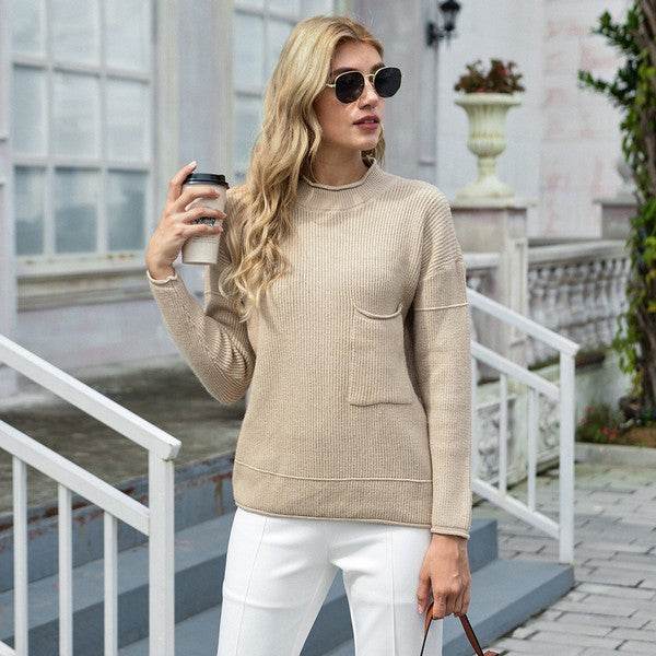 khaki frenchy mock neck dropshoulder sweater