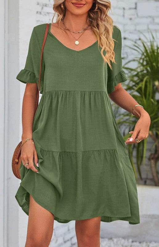 Solid Color V Neck Tiered Dress