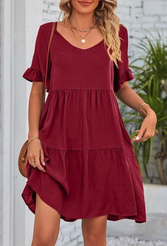 Solid Color V Neck Tiered Dress