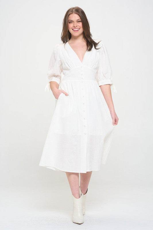 PLUS 3/4 PUFF SLV TEXTURED BUTTON DOWN MIDI DRESS