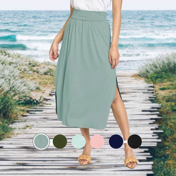Solid Side Slit Midi Skirt