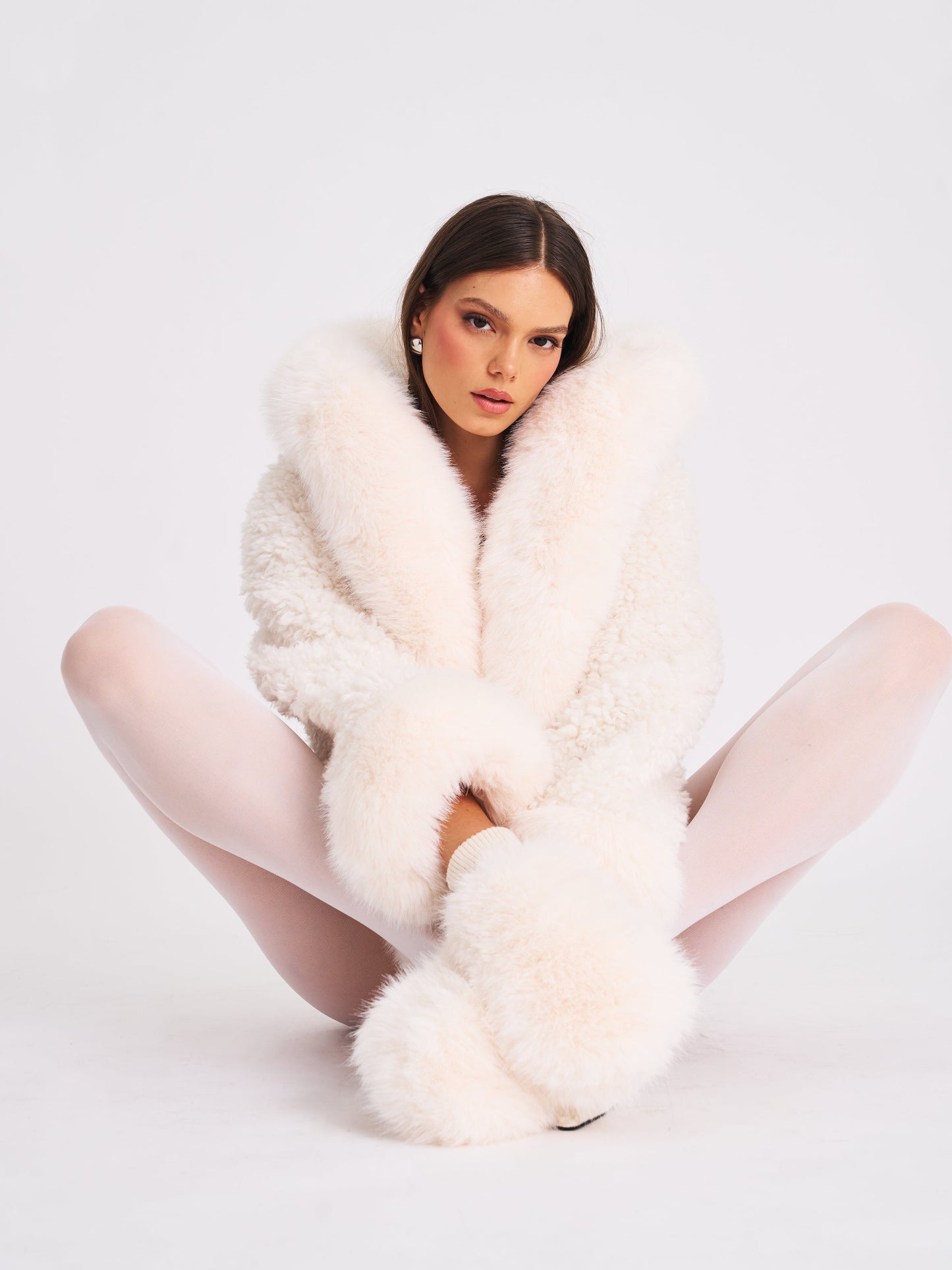 Jumbo Kali White Vegan Shearling Fur Trimmed Coat
