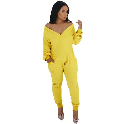 Women Clothing V neck Jumpsuit Sexy Sweatshirt Jumpsuit Long Sleeve Autumn Winter Pajamas