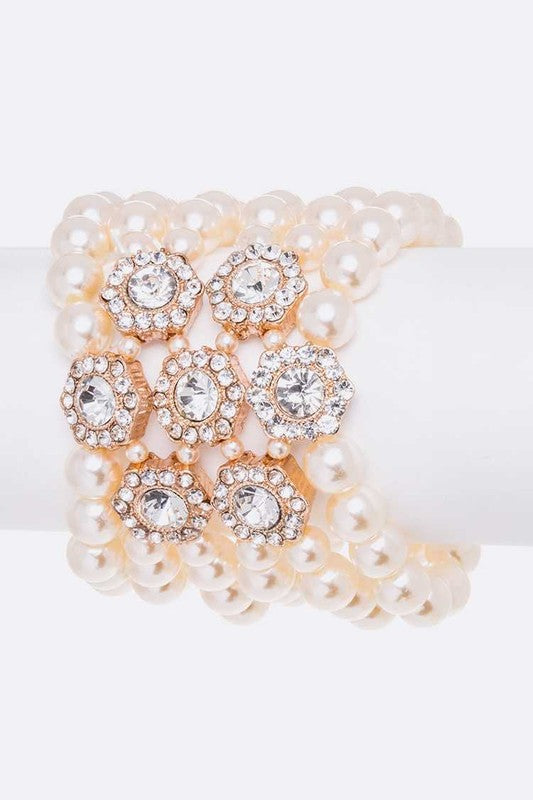Crystal Flower Pearl Layer Statement Bracelet