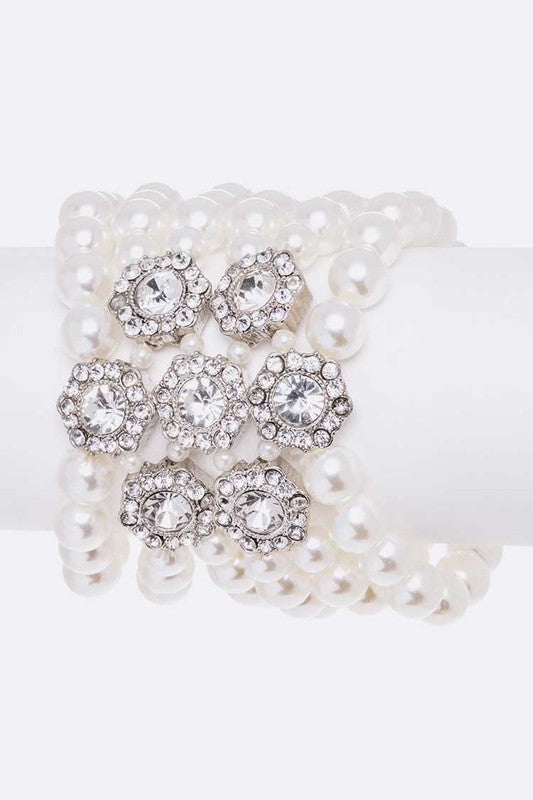 Crystal Flower Pearl Layer Statement Bracelet