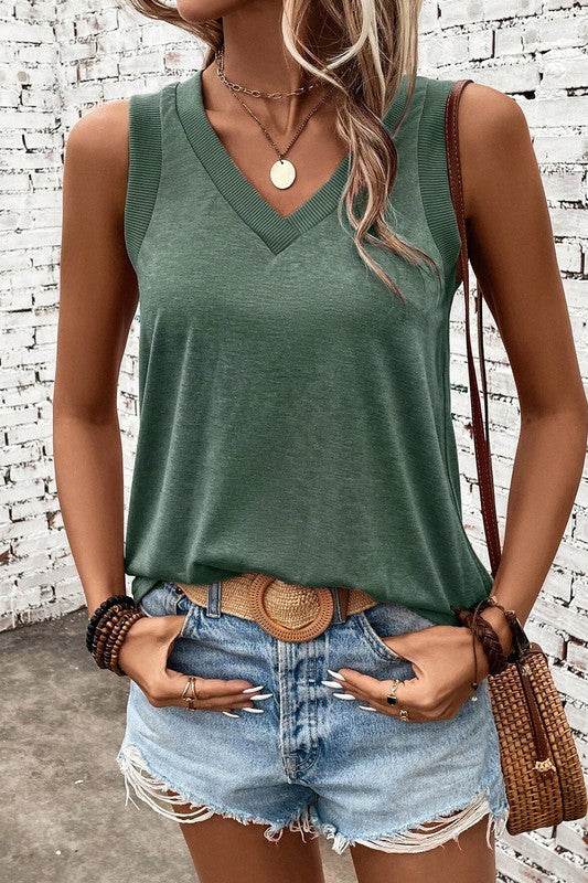 Contrast Trim V-Neck Loose Fit Tank Top