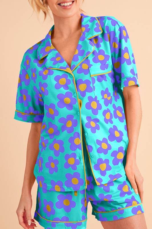 Flower Short Sleeve Shirt Pajamas Set