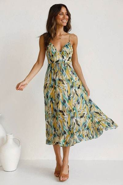 Women's Floral Print A-Line Printed Ruffle Halter