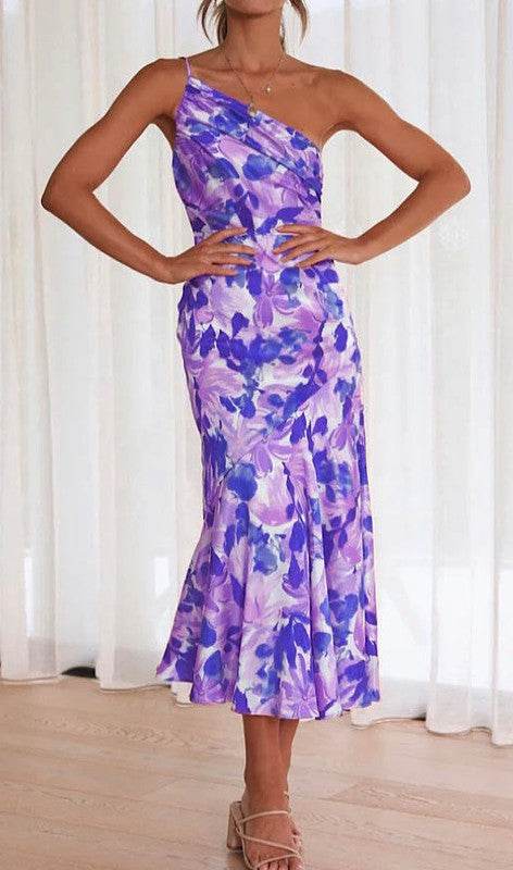 One shoulder floral print dress