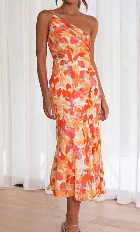 One shoulder floral print dress