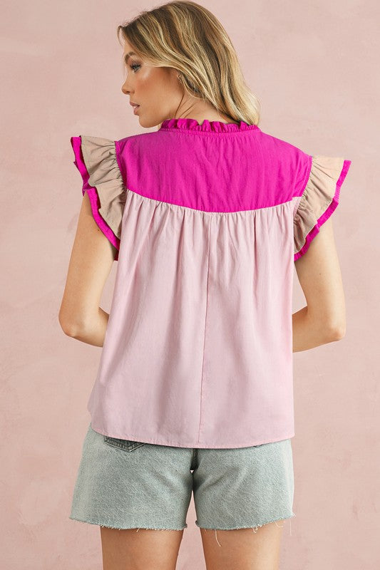 Colorblock Ruffled Sleeve Frill V Neck Blouse