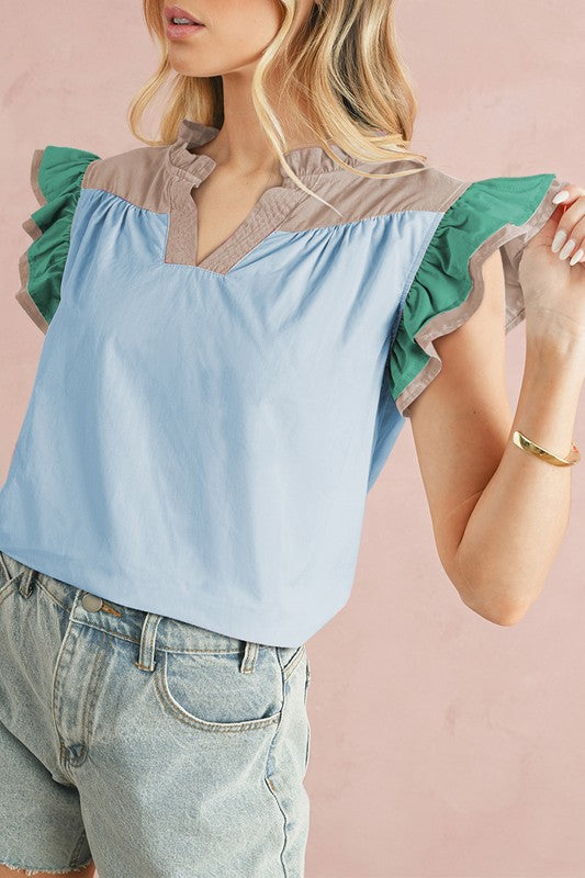Colorblock Ruffled Sleeve Frill V Neck Blouse