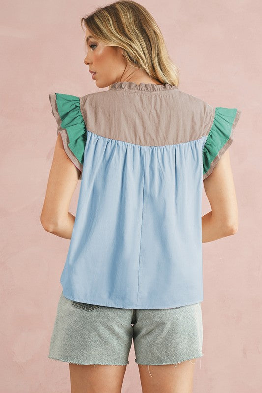 Colorblock Ruffled Sleeve Frill V Neck Blouse