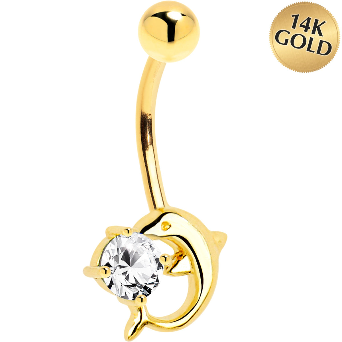 16G Solid 14k Yellow Gold Dolphin Clear Cubic Zirconia Belly Ring