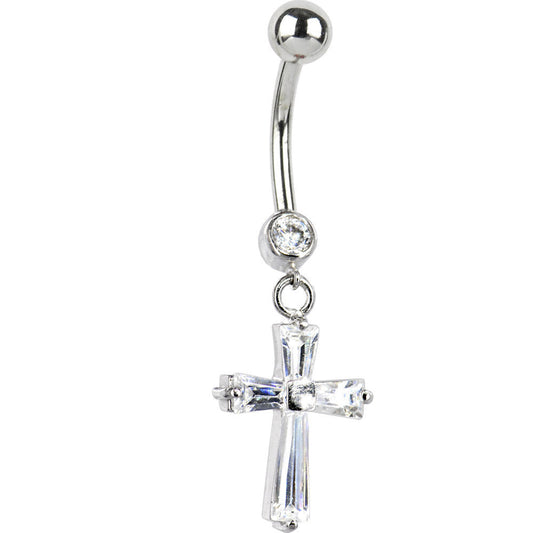 16G Solid 14k White Gold Cubic Zirconia Cross Dangle Belly Ring