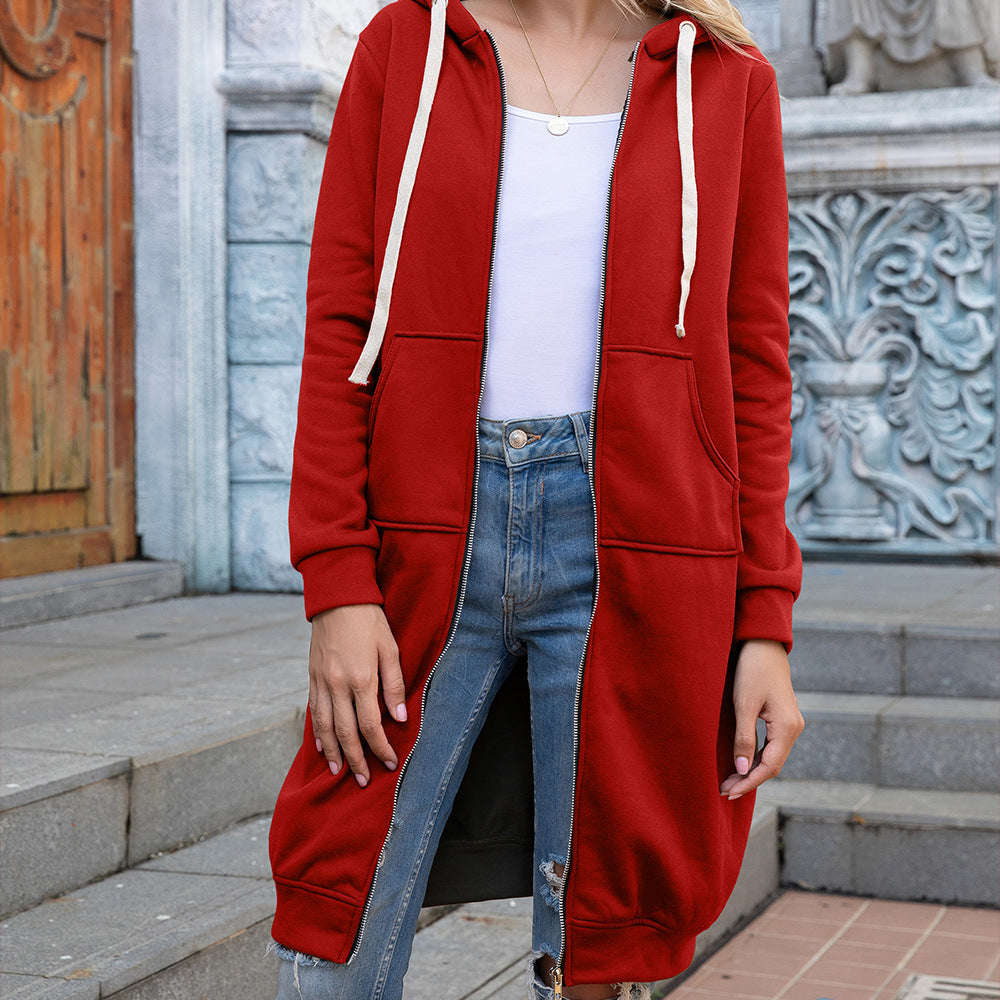 Women Clothing Autumn Winter Women Loose Hooded Mid Length Women Hoodies