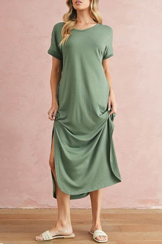 V Neck Hidden Pocket Splits Maxi T-shirt Dress
