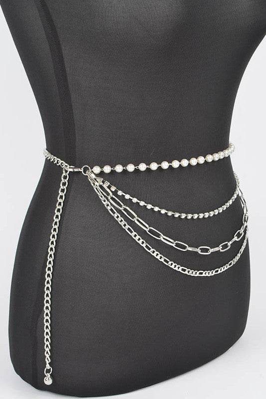 Plus Size Rhinestone Pearl Layered Chain Belt