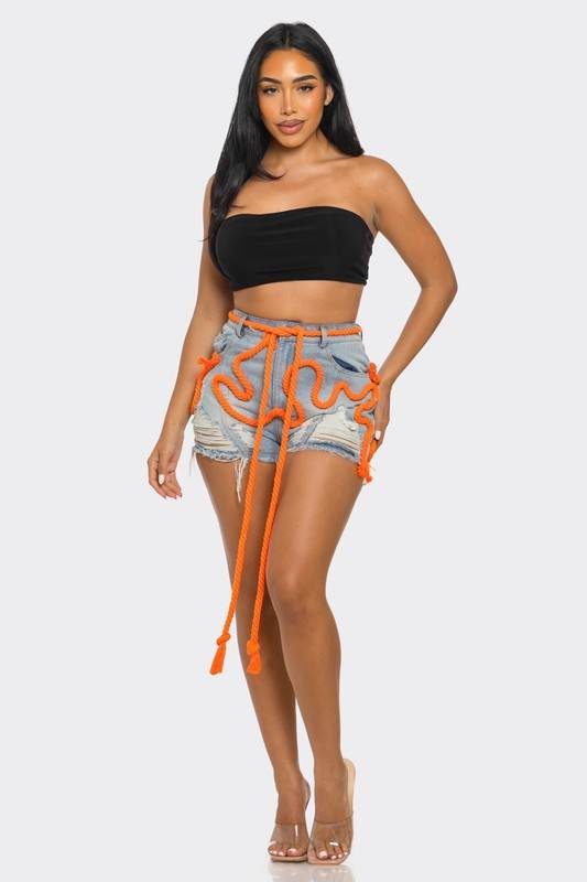 Playful Denim Shorts With Orange Drawstring