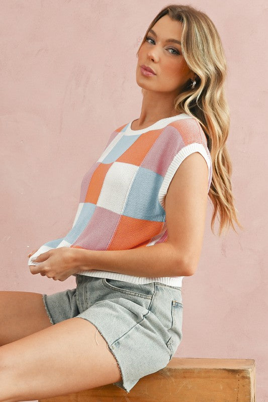 Color Block Cap Sleeve Sweater