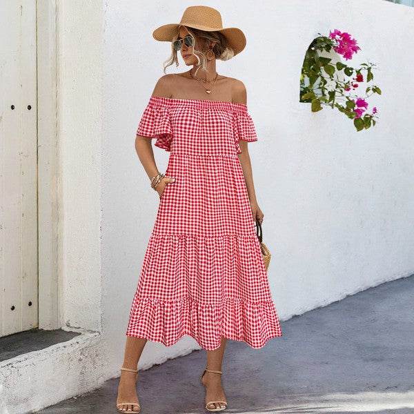 Summer Dress for Women Plaid Puff Sleeves Dress