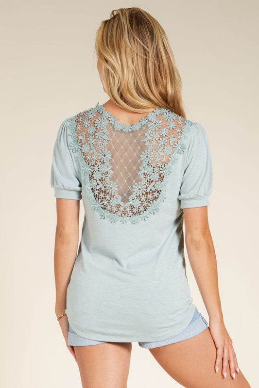 Crochet Lace Back Puff Sleeve Top
